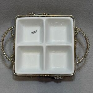 STUDIOSILVER Vintage Divided Ceramic Appetizer Dish Silver Metal Holder